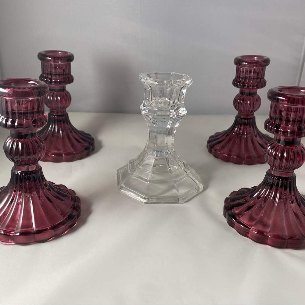 NEW Elegant Glass Candle Holders Set - Burgundy and Clear NEW